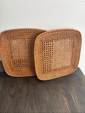 Woven & caned rattan chargers/ trays, set of 2, tan, square, 12.5x12.5”